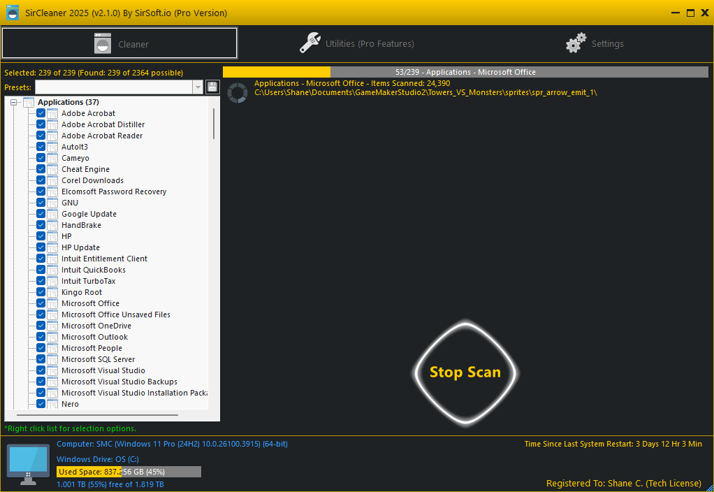 SirCleaner During Scan Screen