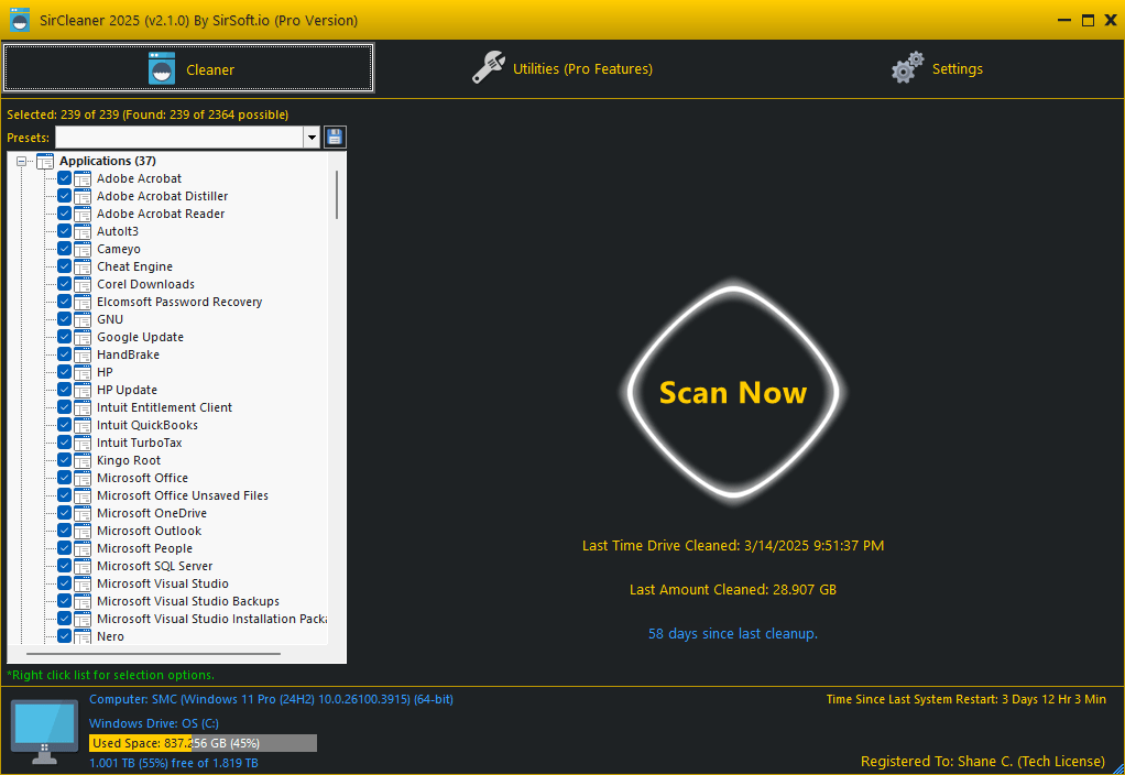 SirCleaner Pre-Scan Main Screen