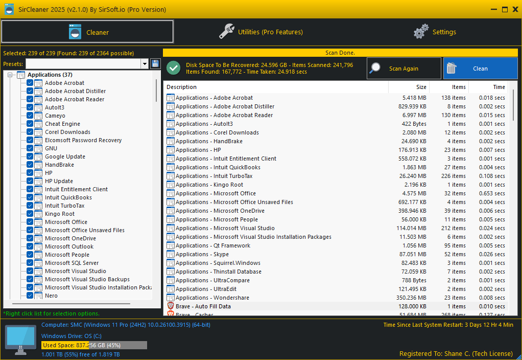 SirCleaner Scan Results Screen