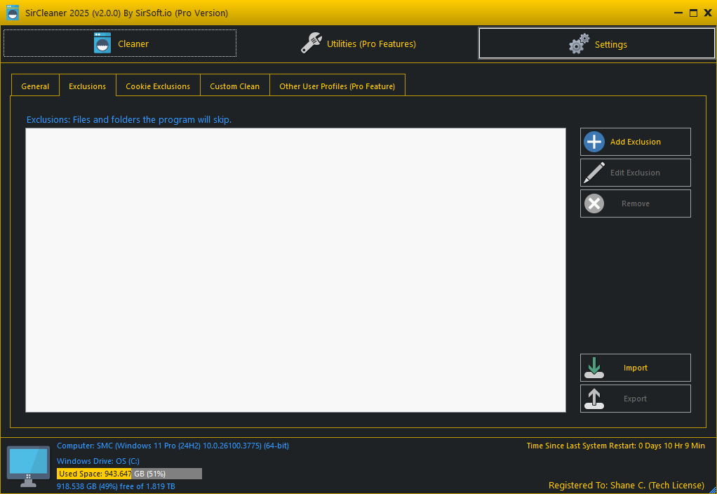 SirCleaner Settings Exclusions Screen