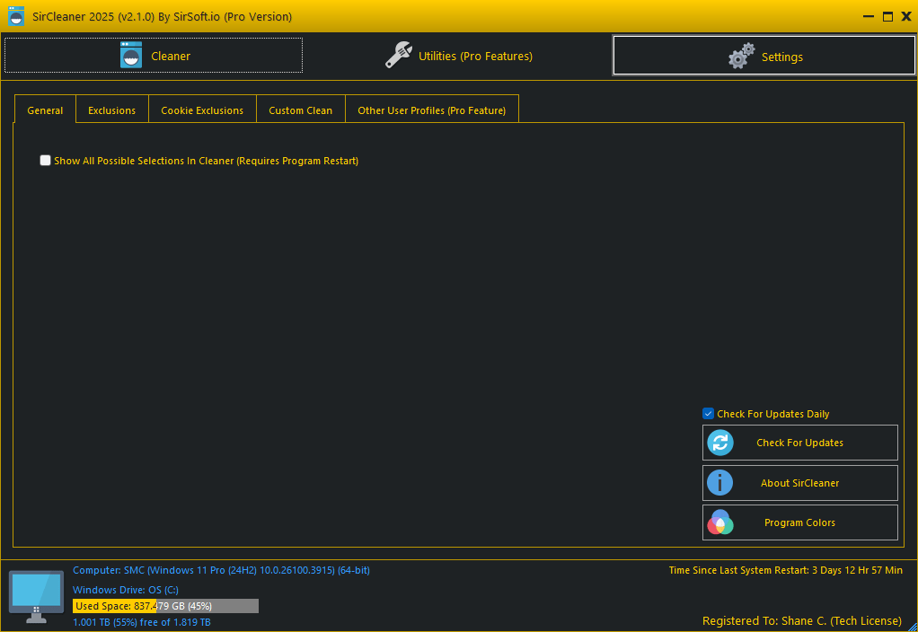 SirCleaner Settings General Screen