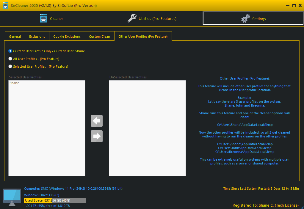 SirCleaner Settings Other User Profiles Screen