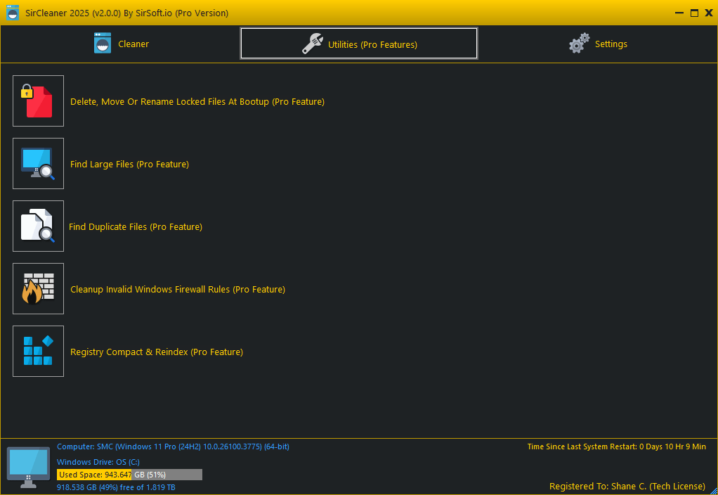 SirCleaner Utilities Pro Features Screen